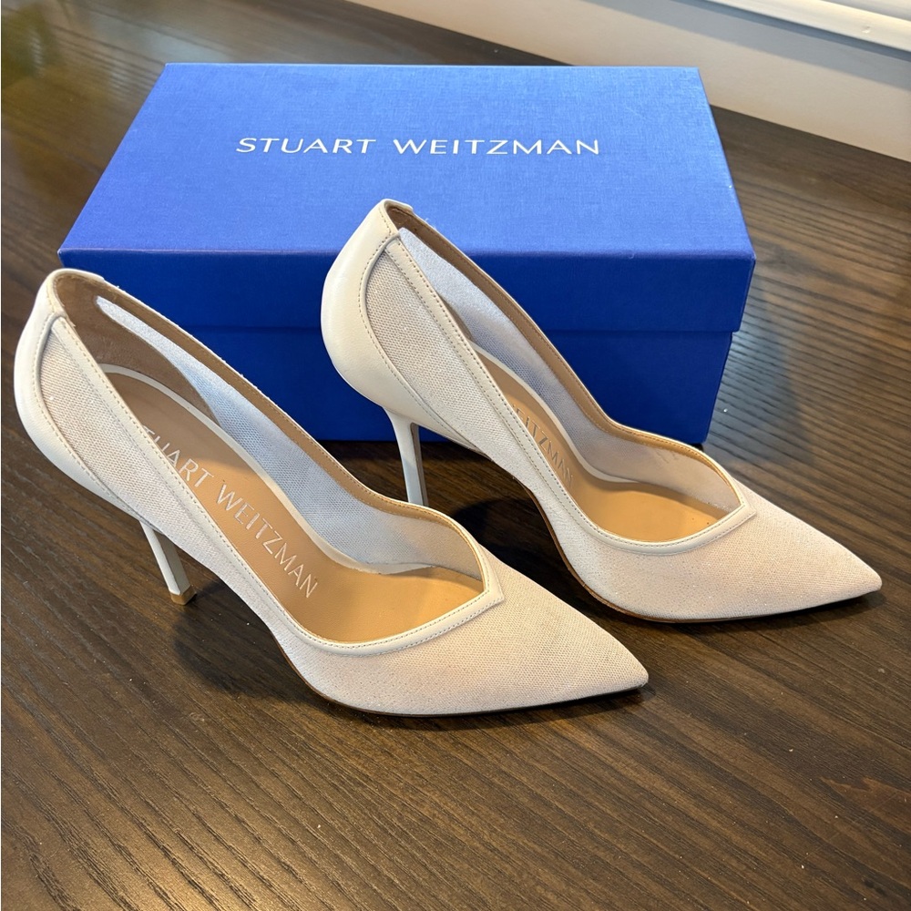 Stuart Weitzman White Mesh Sparkle ‘Eva 100’ Heels